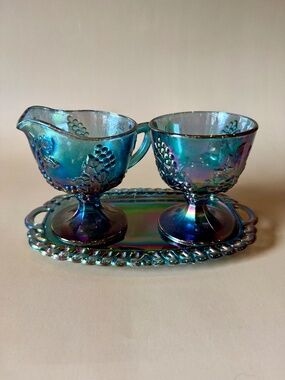Vintage Indiana Glass Grape & Leaf Blue Carnival Creamer Sugar & Tray Set | 1970
